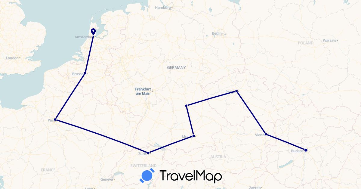 TravelMap itinerary: driving in Austria, Belgium, Switzerland, Czech Republic, Germany, France, Hungary, Netherlands (Europe)